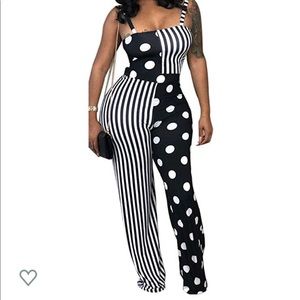 Black and White Polka Dot and striped jumpsuit.